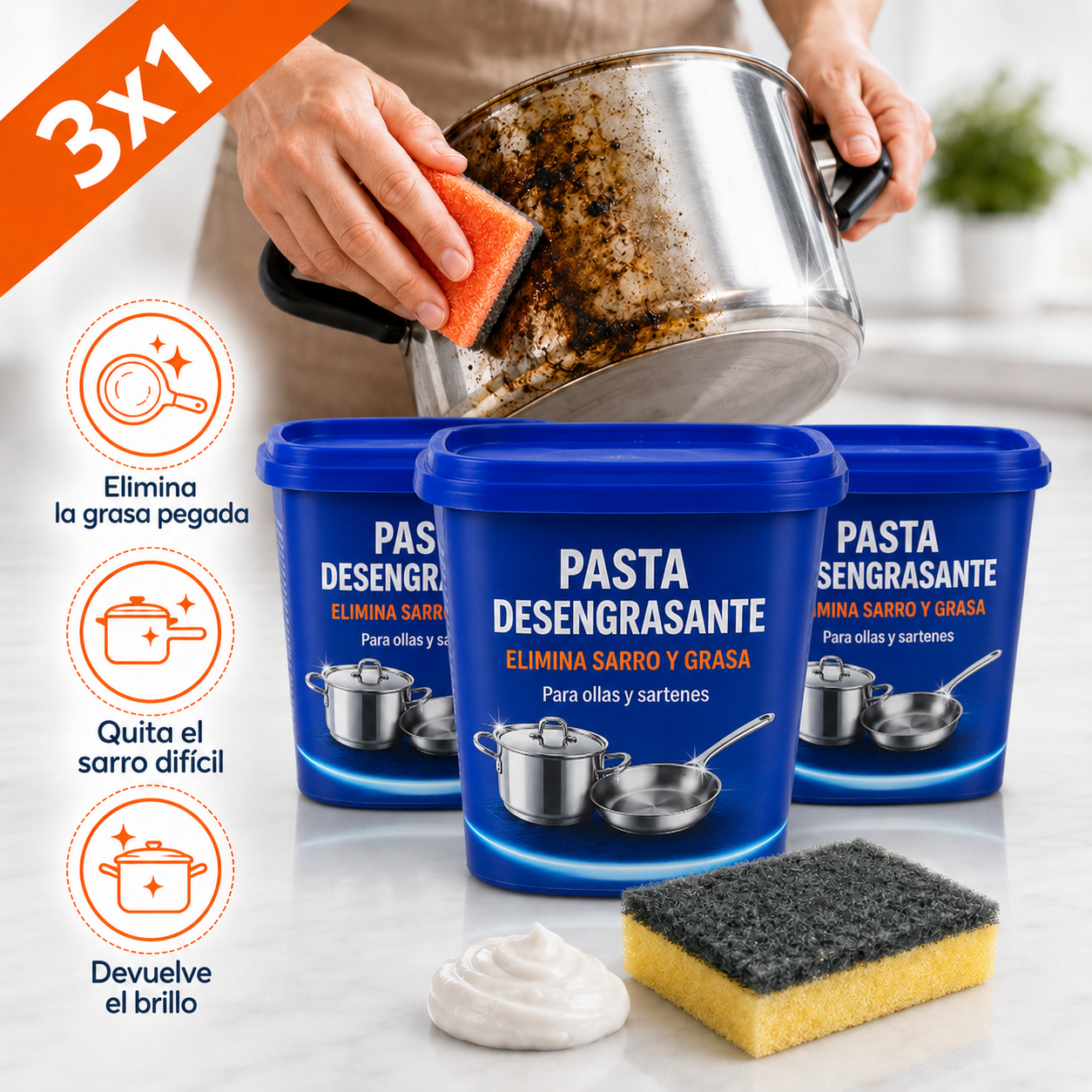 Pasta Desengrasante | Elimina Sarro y Grasa de Ollas y Sartenes (Lleva 3 Paga 1)