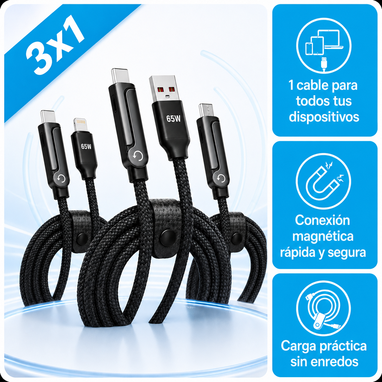 Cable Cargador Magnético 3en1 | Un Cable para Todos tus Dispositivos (Lleva 3 Paga 1)