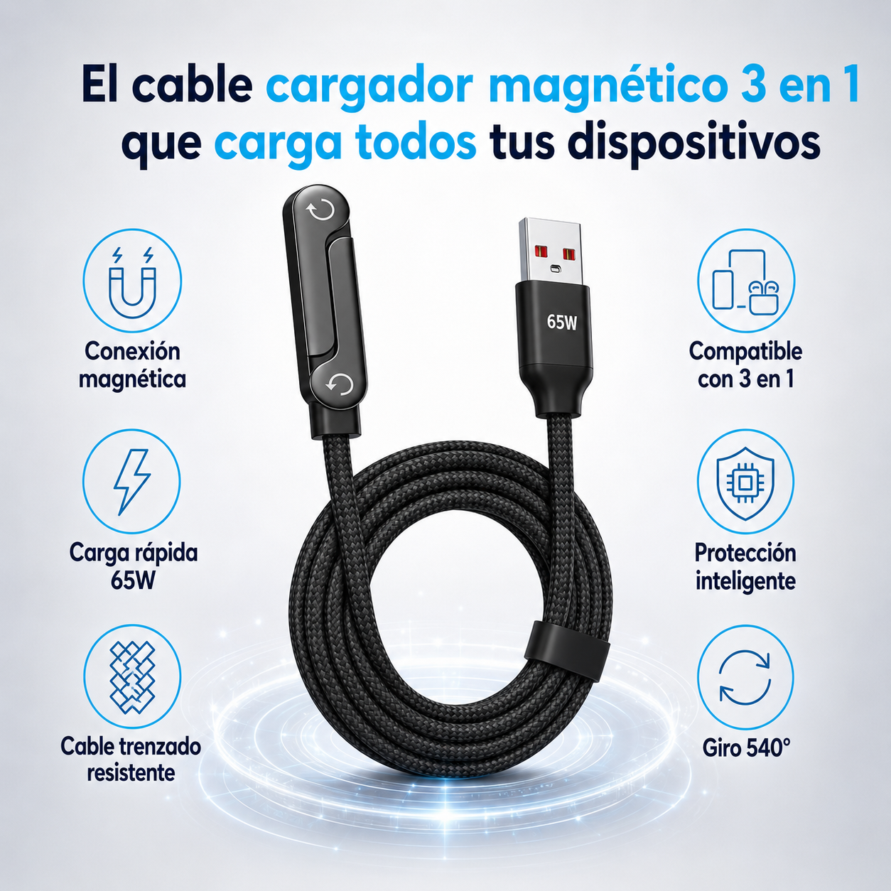 Cable Cargador Magnético 3en1 | Un Cable para Todos tus Dispositivos (Lleva 3 Paga 1)