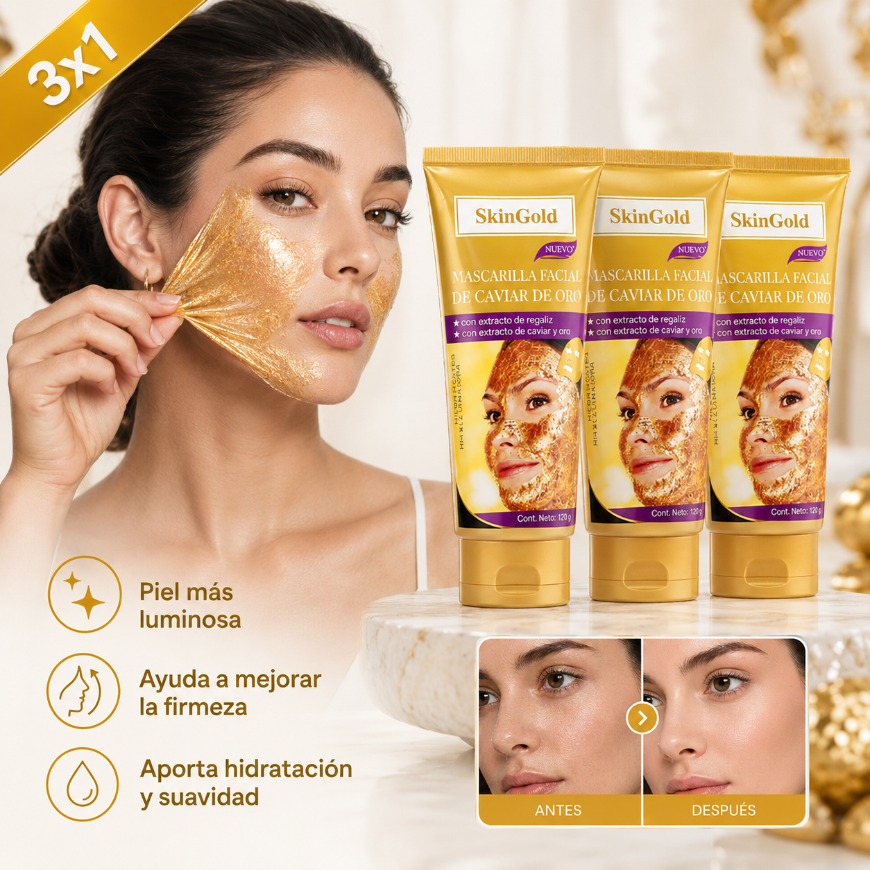 Mascarilla de Oro · Limpia Tu Piel Desde el Poro en Una Noche (Lleva 3 Paga 1)