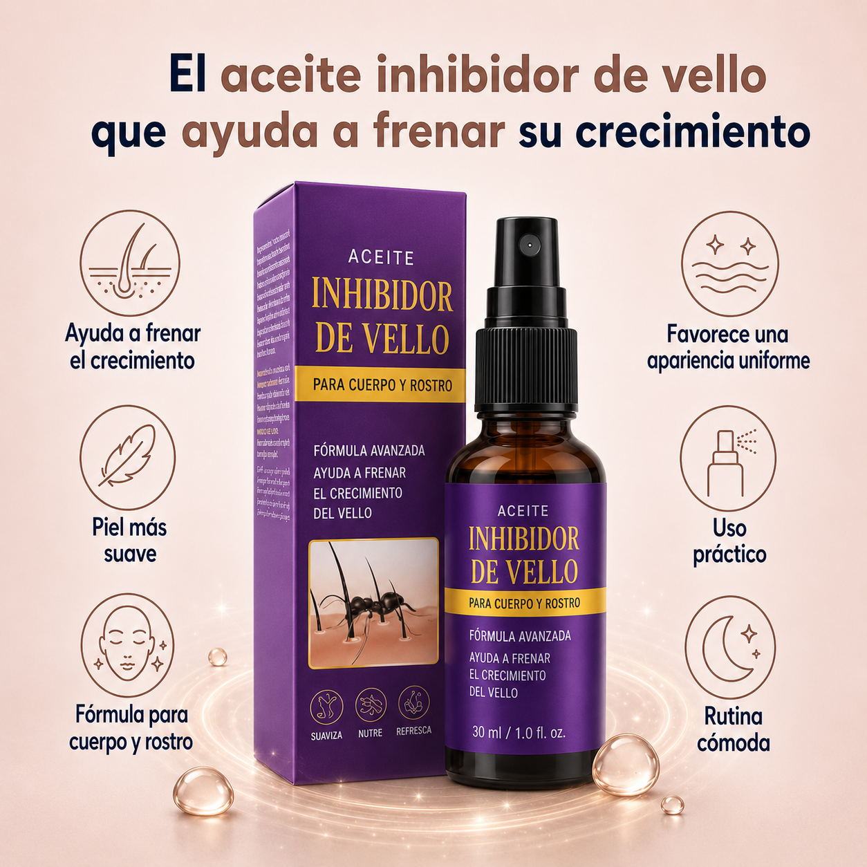 Aceite Inhibidor de Vello | Frena el Crecimiento del Vello Corporal (Lleva 2 Paga 1)