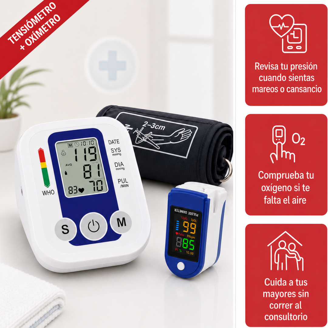 Tensiómetro Digital + Oxímetro | Mide Presión y Oxígeno en Casa (Pack Completo)